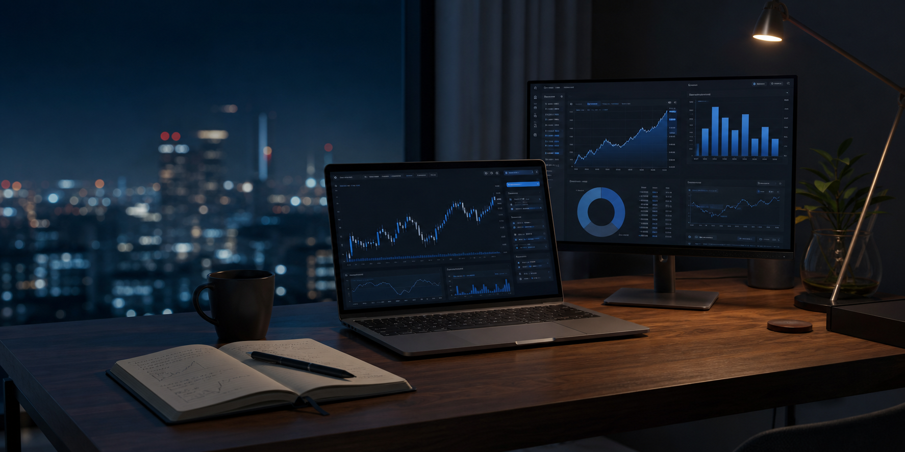 A calm trading desk displaying charts and journal analytics